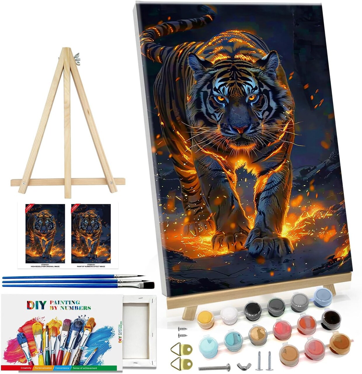 Paint by Numbers Kit for Adults – Tiger Design with Frame and Easel, DIY Paint by Number Canvas for Home Wall Decor & Gifts – 8x12 Inch